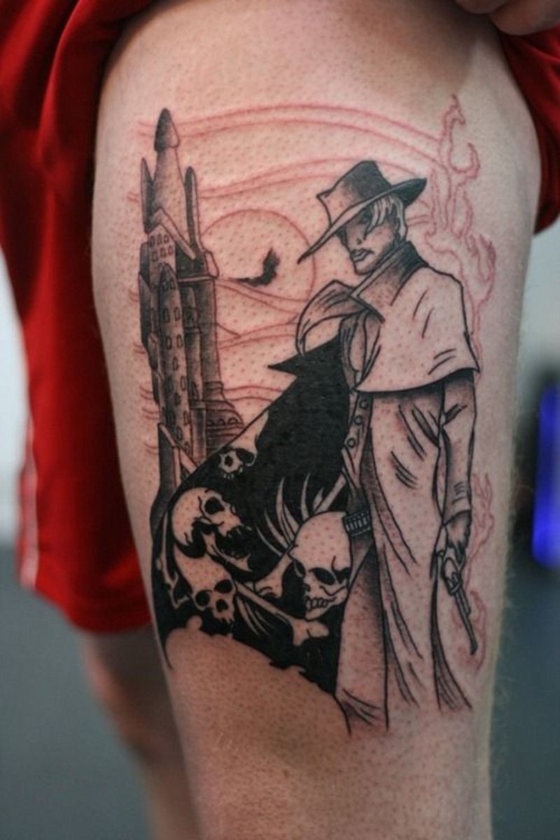 Old cartoons like black and white mystical man with pistol tattoo on thigh