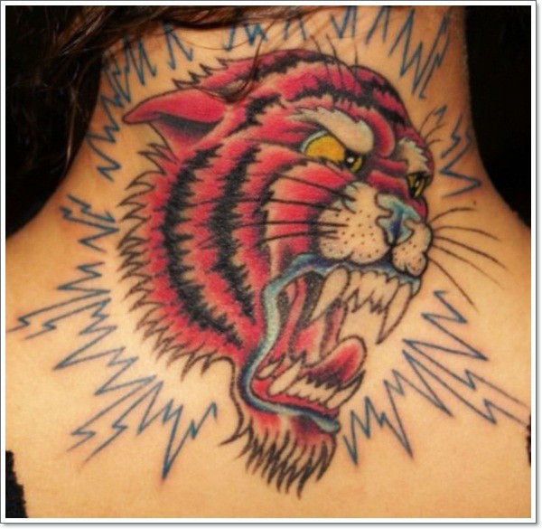 Old cartoons like multicolored roaring tiger face tattoo on neck