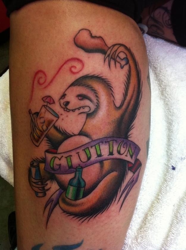 Old cartoons like multicolored sloth with lettering tattoo on leg