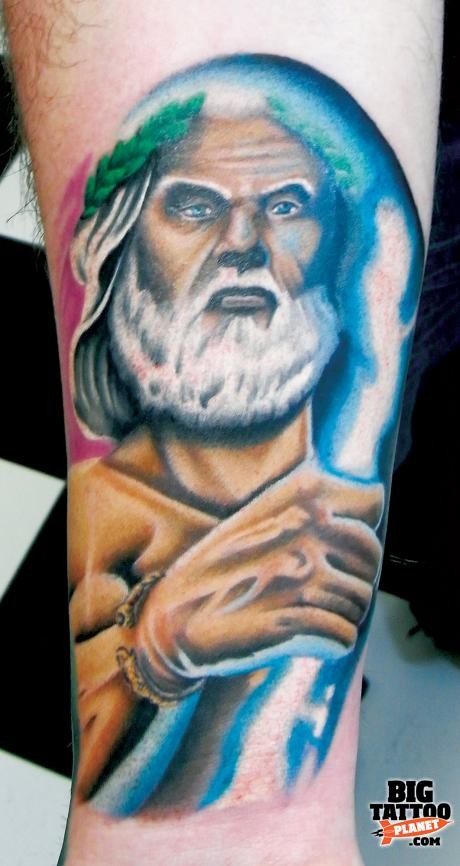 Old cartoons style colored Zeus god tattoo on forearm