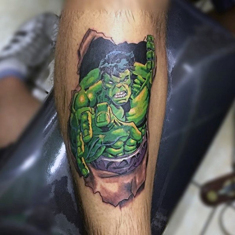 Old comic books style colored leg tattoo of ripped skin and Hulk