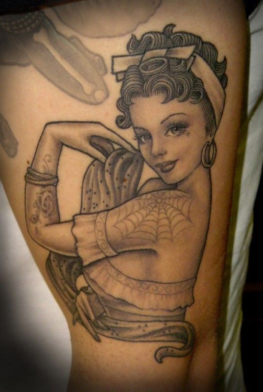 Old fashion style black and white seductive dancer tattoo on thigh