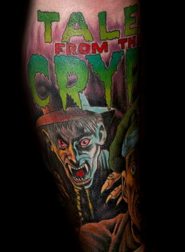 Old horror comic books like multicolored leg tattoo of vampire with lettering