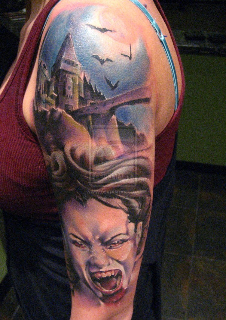 Old horror movie colored big castle with vampire woman and bats tattoo on sleeve