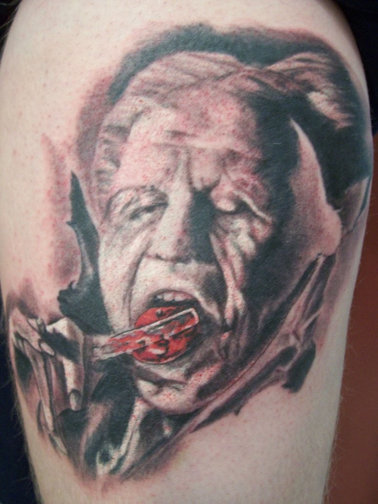 Old Horror movie style black ink creepy monster portrait tattoo