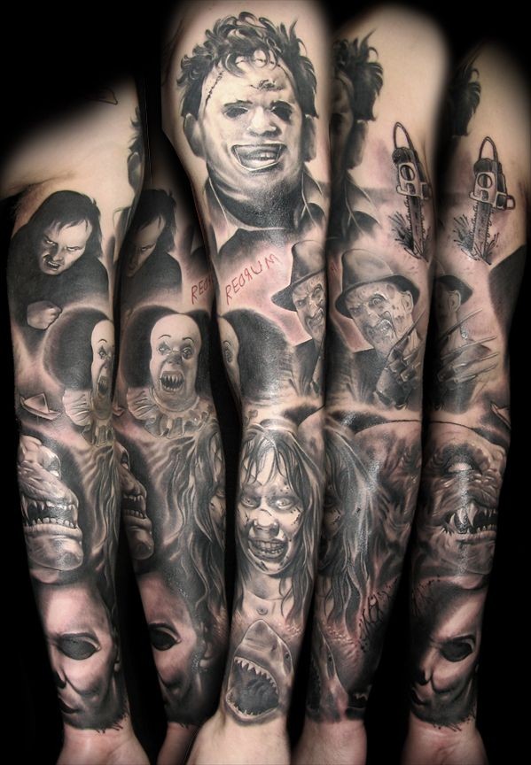 vecchio film orrore ritratto vari eroi  tatuaggio su braccio