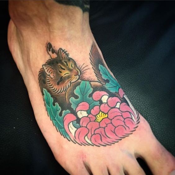 Old looking colored foot tattoo painted by horitomo of cute cat with flower