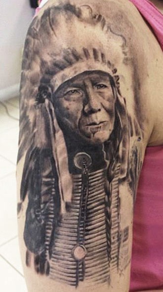 Old native american chief tattoo on half sleeve - Tattooimages.biz