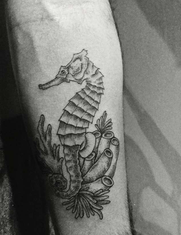 Tatuaje en el antebrazo,
caballo de mar y corales, dibujo monocromo