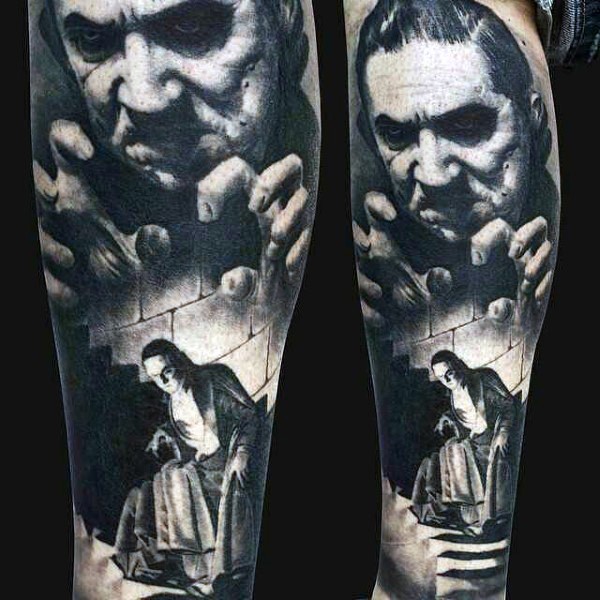 Old scary movie black and white evil monster tattoo on leg