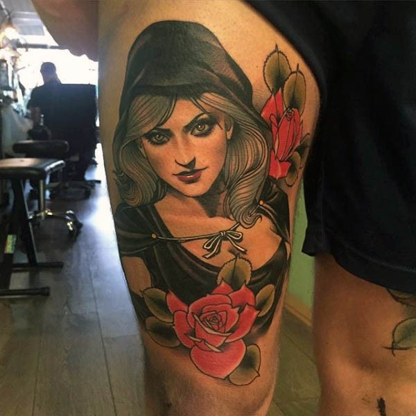 Old school 3D like colored thigh tattoo of seductive woman with flowers
