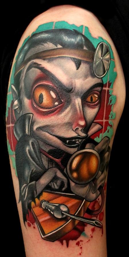 Old school 3D style colorful shoulder tattoo of evil vampire doctor