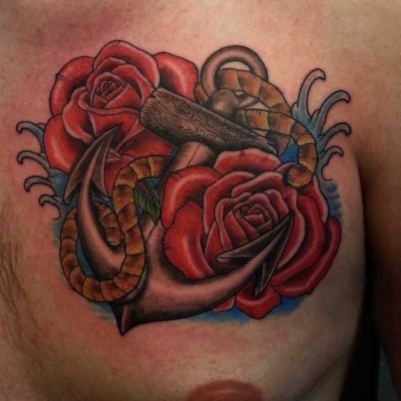 Old school anchor with red roses tattoo on chest
