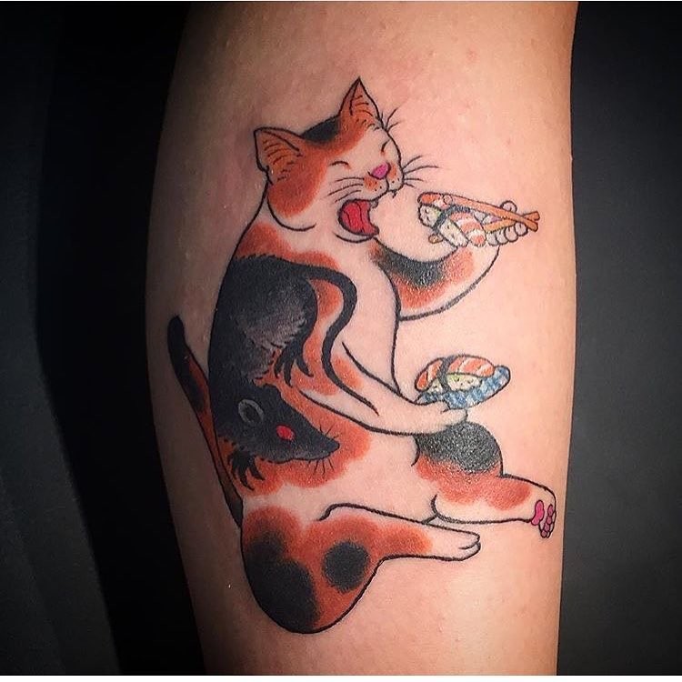 Old school Asian style colored leg tattoo of Manmon cat with creepy rat