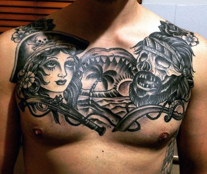 Old school big black and white nautical tattoo on chest