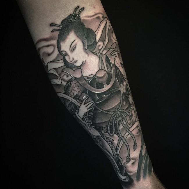 Old school black and white samurai woman tattoo on forearm
