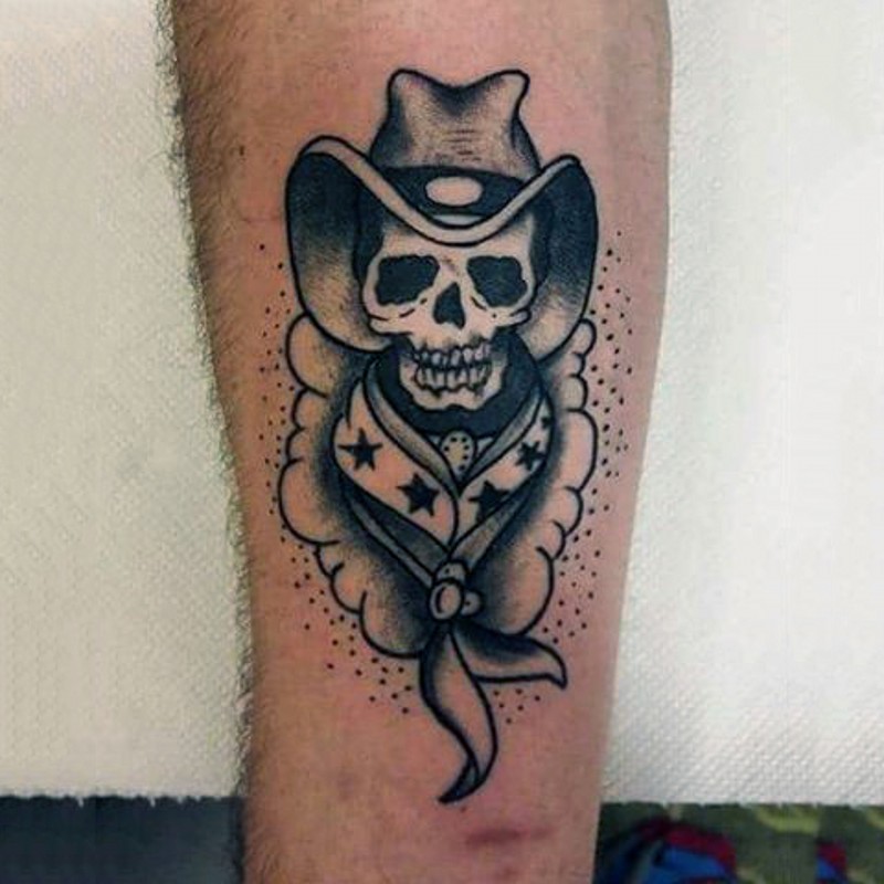 Tatuaje en el muslo, vaquero esqueleto divertido, old school