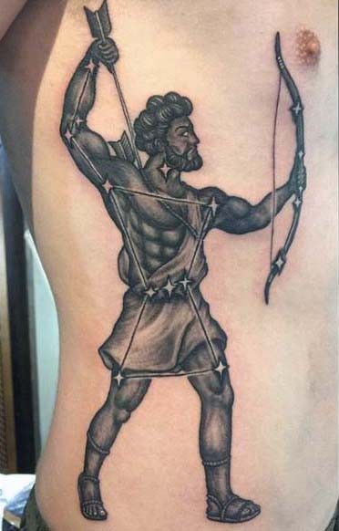 Old school black ink zodiac archer tattoo on side