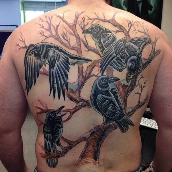 Old school cartoon like colored whole back tattoo of various crows