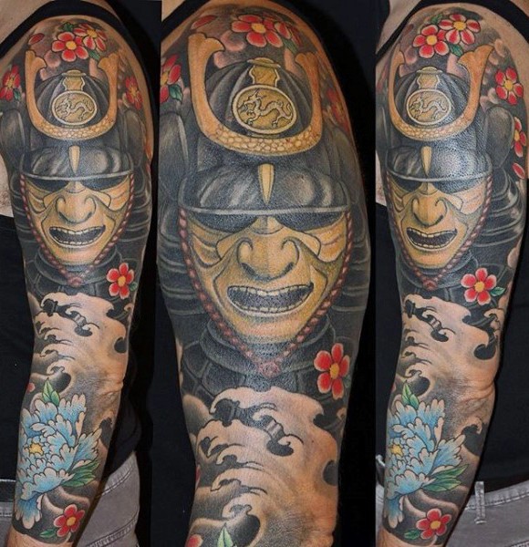 Old school cartoons like colored Asian warrior mask with flowers tattoo on sleeve area