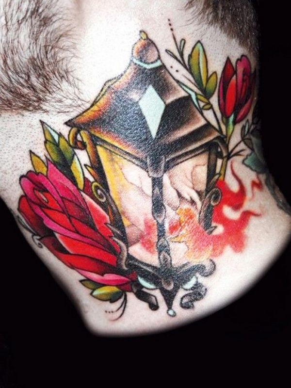 Old school colored antic street lighter tattoo with flowers
