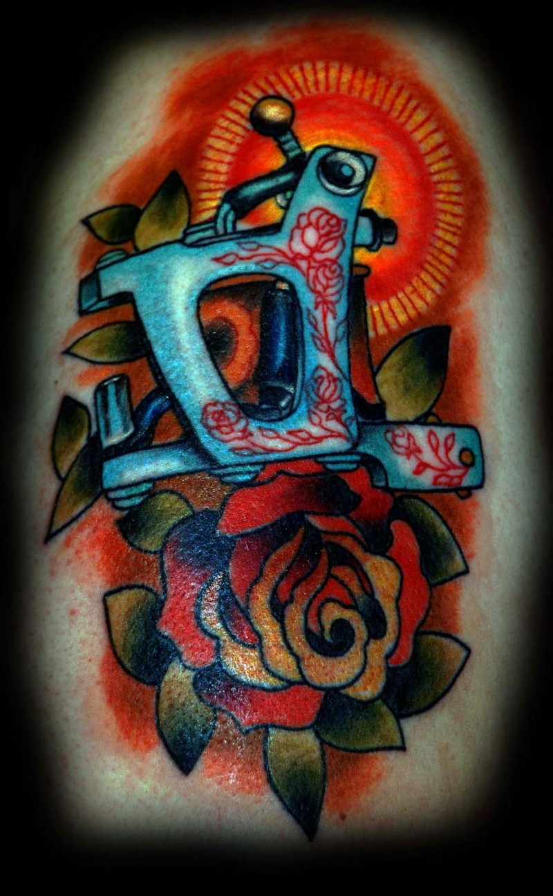 Old school colored bench tattoo on shoulder combined with rose flower