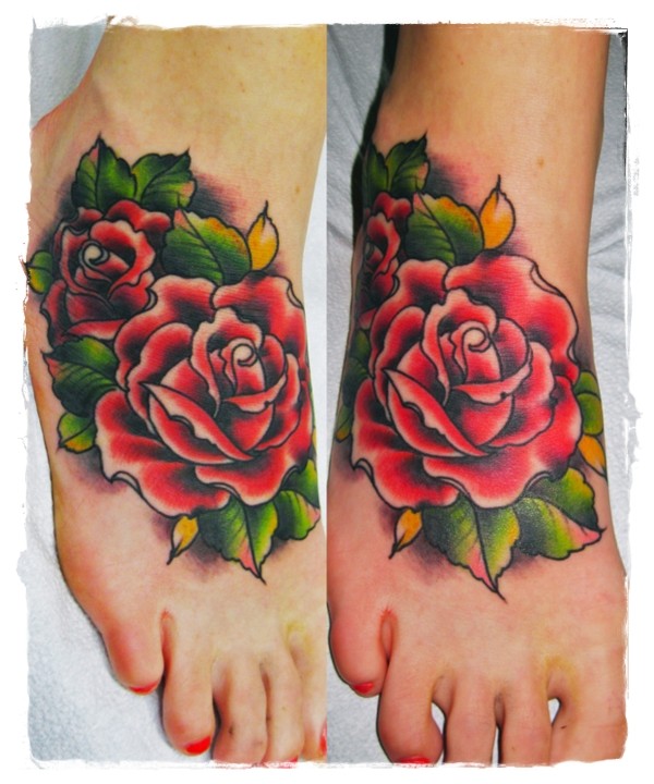 Old school colored big roses tattoo on foot