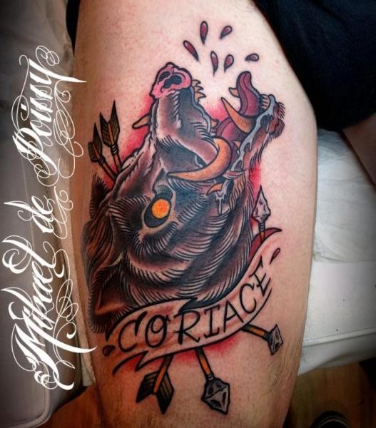 Old school colored bloody boar head with arrows tattoo on thigh combined with lettering