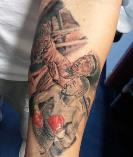 Old school colored boxers fight realistic tattoo on arm