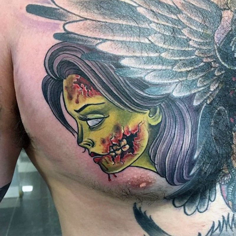 Oldschool farbiges Brust Tattoo mit Porträt der Zombie Frau