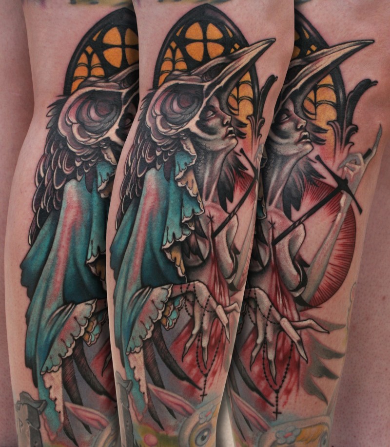 Old school colored creepy witch tattoo