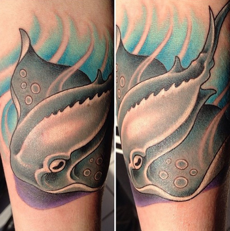 Old school colored forearm tattoo of slope under water