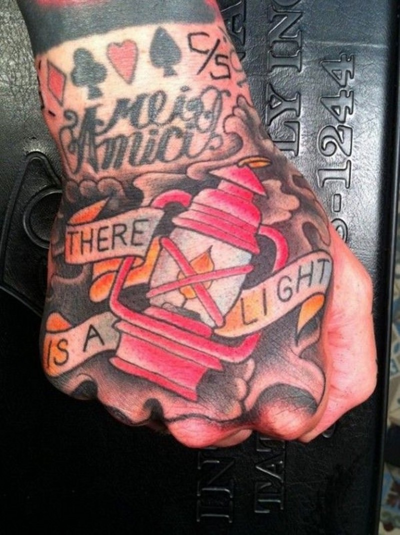 Old school colored hand tattoo of old gas lam with lettering