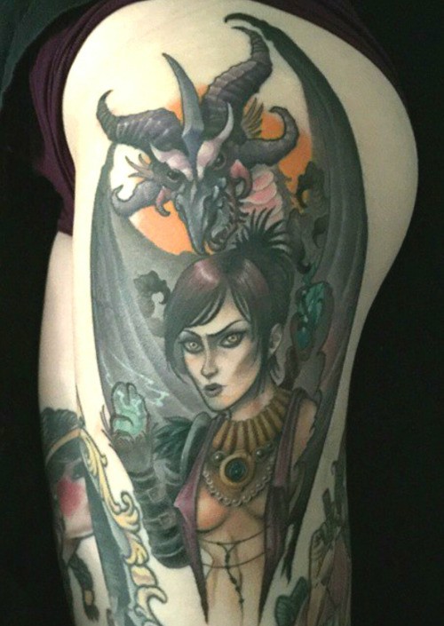 Old school colored incredible mystical woman tattoo on thigh stylized with dragon