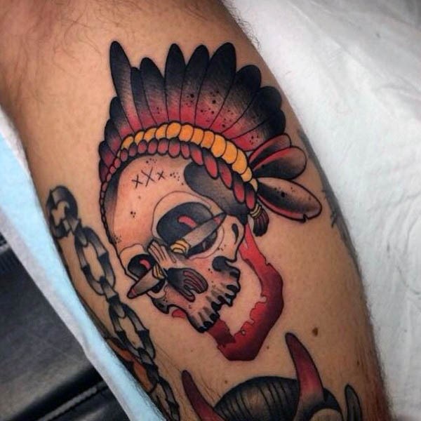 Old school colored Indian skull tattoo on forearm area