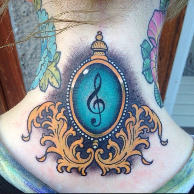 Old school colored little note symbol portrait tattoo on neck