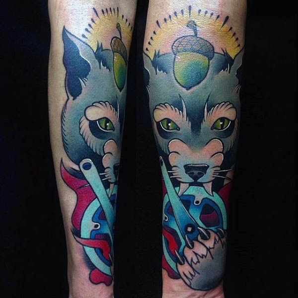 Old school colored mystical wolf with bicycle parts tattoo