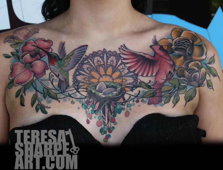 Old school colored natural looking various birds with flowers and bird nest tattoo on chest