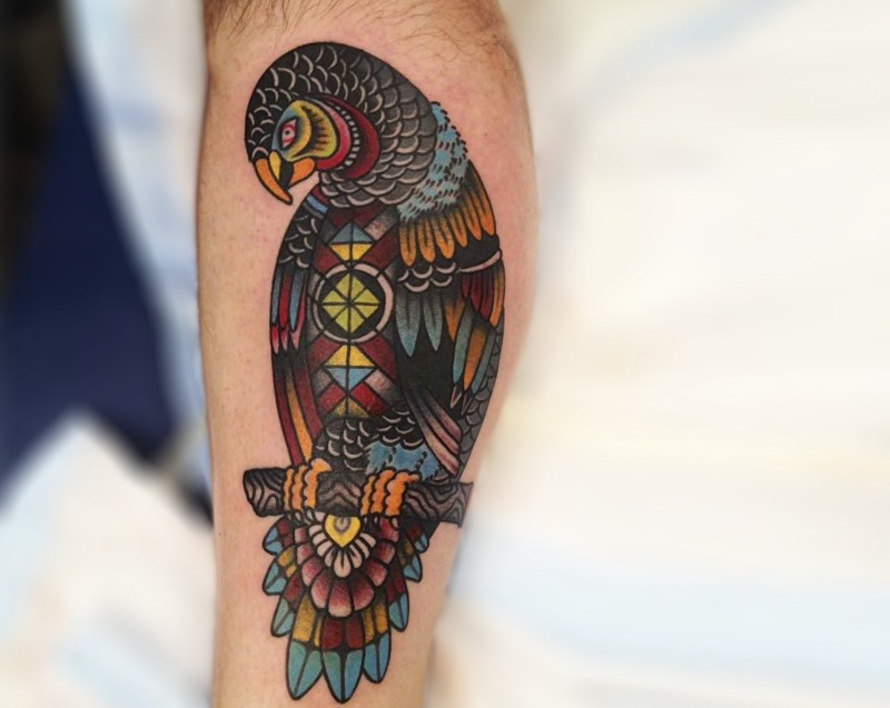 Old school colored nice ornamental designed parrot tattoo
