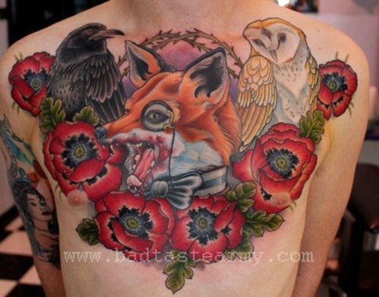 Old school colored on chest tattoo of various animals with flowers
