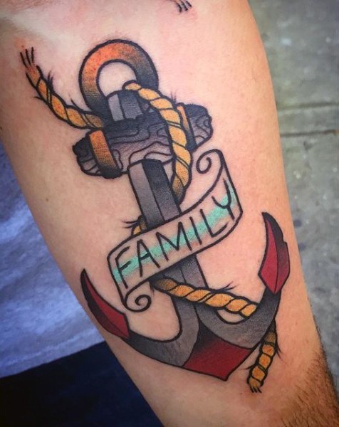 Old school colored roped anchor arm tattoo with lettering family on banner