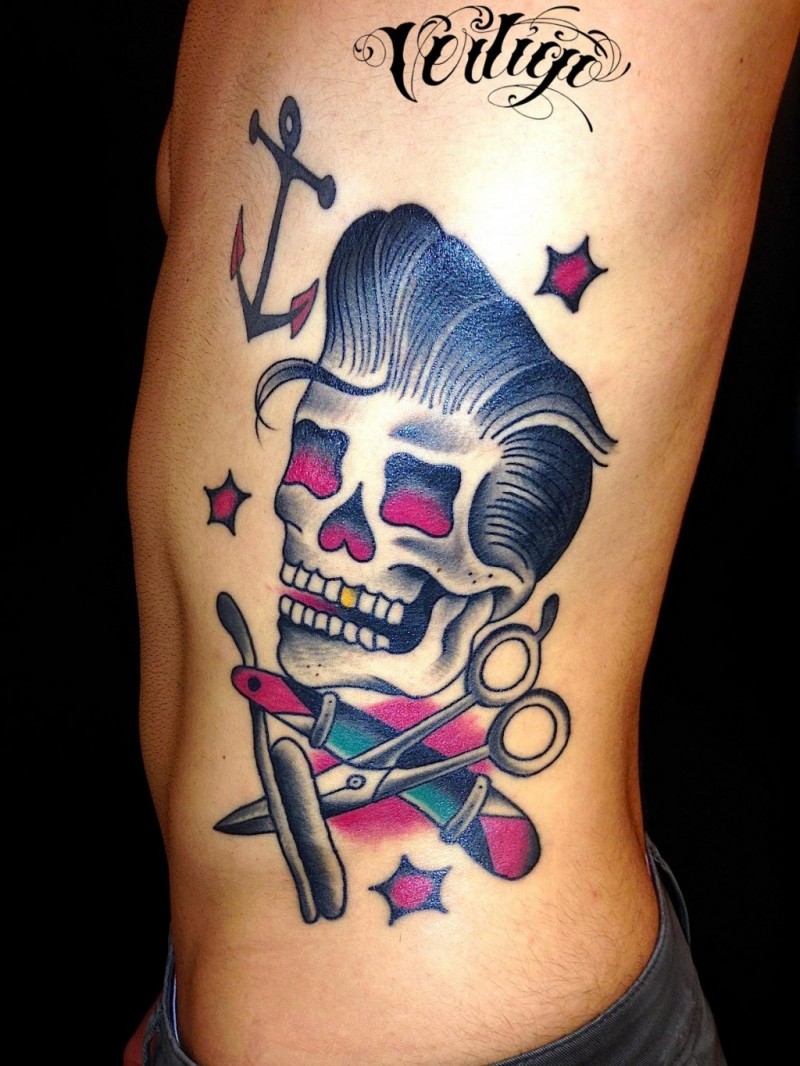 Old school colored skull tattoo on side with stars, anchor, scissors and razer