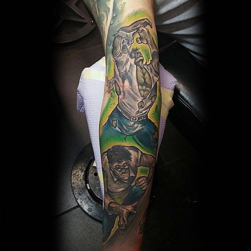 Old school colored sleeve tattoo of Hulk transformation