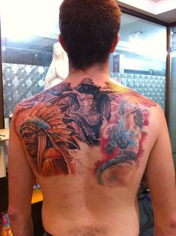 Old school colored upper back tattoo of angel and Indian