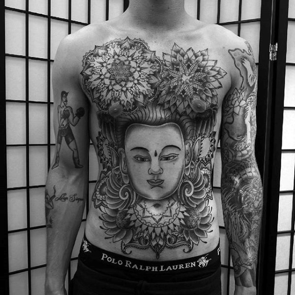 Old school colored whole chest and belly tattoo of Buddha face and flowers