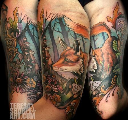 Old school colorful fox tattoo on arm with forest trees and wildflowers