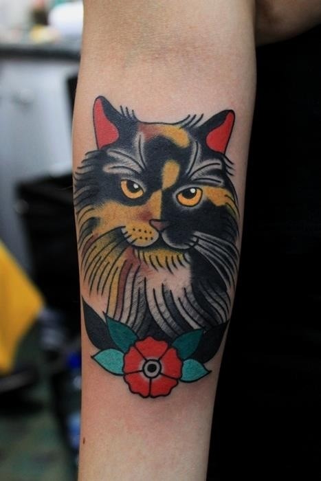 Old school coloured cat forearm tattoo