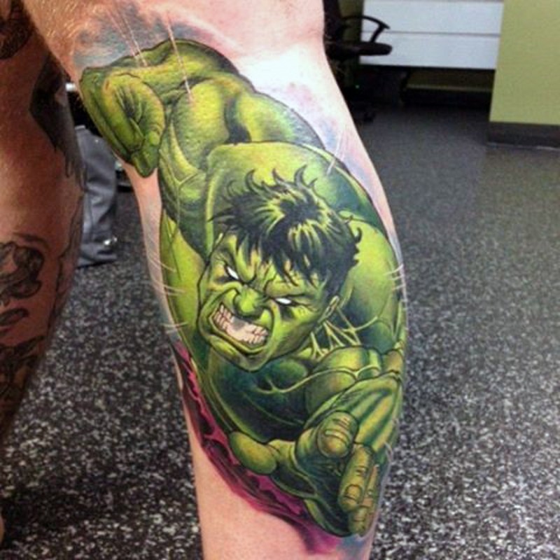 Old school comic books like colored Hulk tattoo on leg muscle