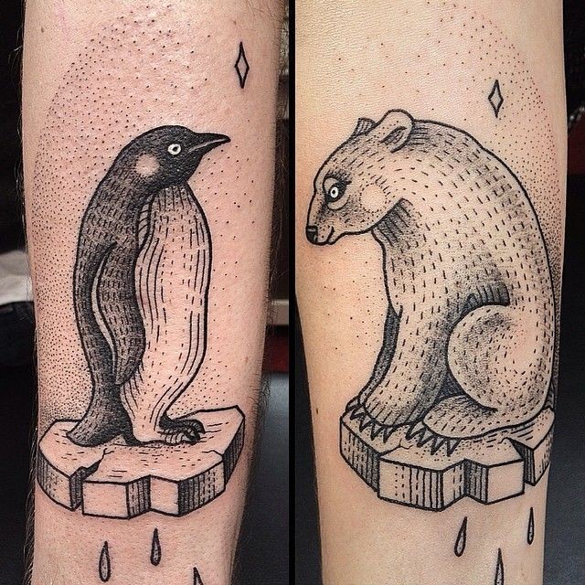 Old school cool painted black ink pigeon and bear on ice blocks tattoo