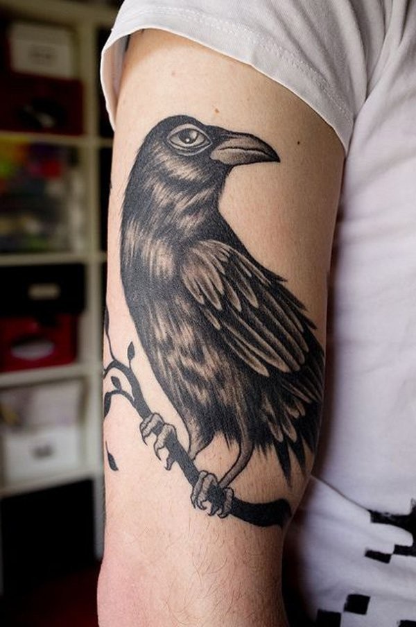 Old school detailed arm tattoo of black ink crow
